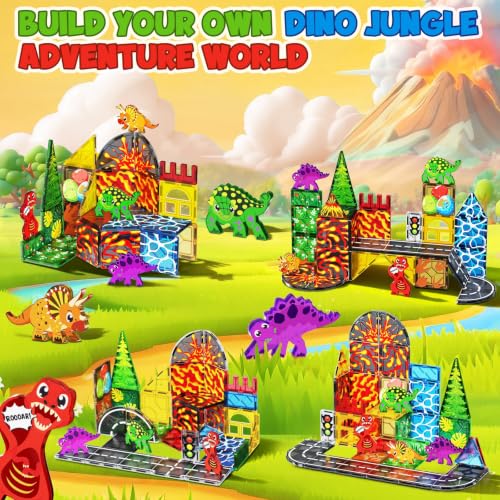 Magnetic Tiles with 4 Dinosaur Toys - Dino Magnet Tiles for Kids, Magnetic Building Blocks for Boys Girls Ages 3+, Sensory Toddler Creative Games Birthdays Gifts - style: Dinosaur
