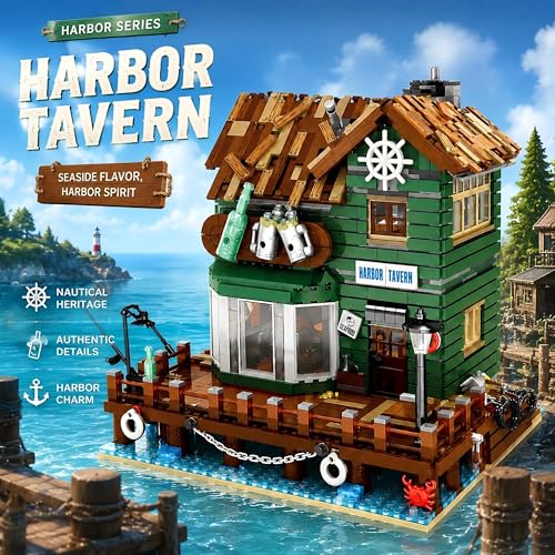 Harbor Tavern Building Set Fisherman's Collectible Model for Adults, Compatible with Lego Architecture House Town Fishing Village City Street View Home Office Decor for Adults - 3103PCS