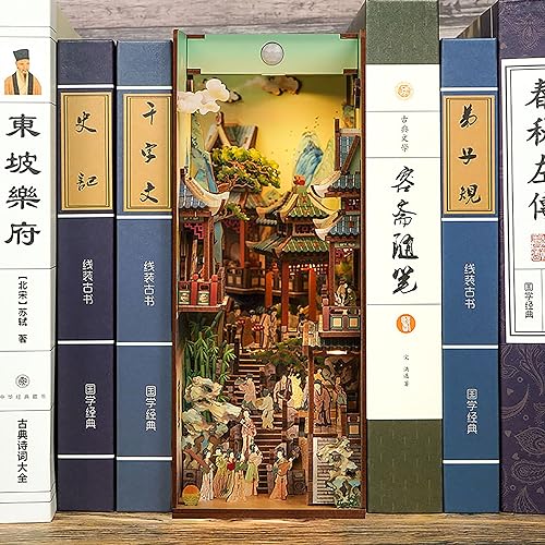 Tonecheer DIY Book Nook Kit for Adults, Wooden 3D Puzzle Bookend Bookshelf Insert Decor, Chinese Booknook Miniature House Kit with Dust Cover and Body Motion Sensor LED (Song Dynasty Culture) - color: Song Dynasty Culture