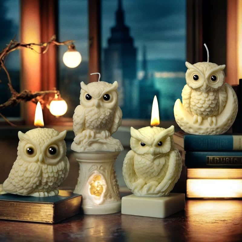 Cestony 4Pcs 3D owl Shape Candle Silicone Molds for Making Candle Resin Pillar Aromatherapy Candles Wax Soap Flower Specimen Clay Craft