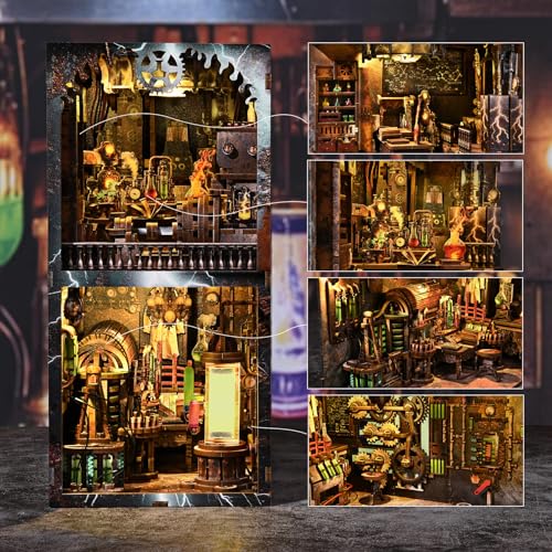 fifijoy Book Nook Kit, DIY Miniature Dollhouse Booknook Kit, 3D Wooden Puzzle Bookend Bookshelf Insert Decor with LED Light for Teens and Adults (Steampunk Mad Scientist Laboratory) - color: Mad Scientist's Lab