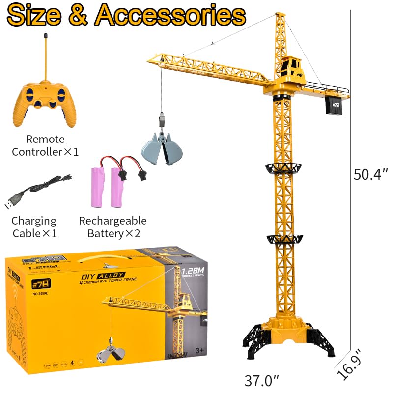 DIY Alloy Hook 4 Channel RC Tower Crane for Kids - 50.4 Inches Remote Control Crane Toy with 2 Batteries, Rotating Lift Construction Vehicles with LED Lights, Excavator Toy for Ages 4,5,6,7,8 Boys