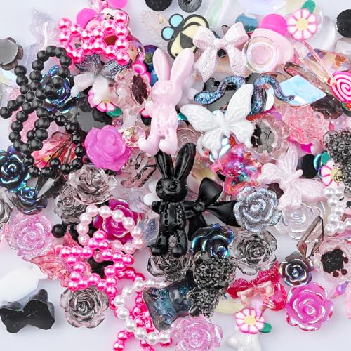 2050 Pieces 3D Butterfly Rose Flower Bow Rabbit Bear Nail Charms Kit with Nail Art Rhinestones Pearls Crystal Gems Nail Slices for Manicure DIY Crafts Jewelry Accessories (Pink Black White) - color: Pink Black White