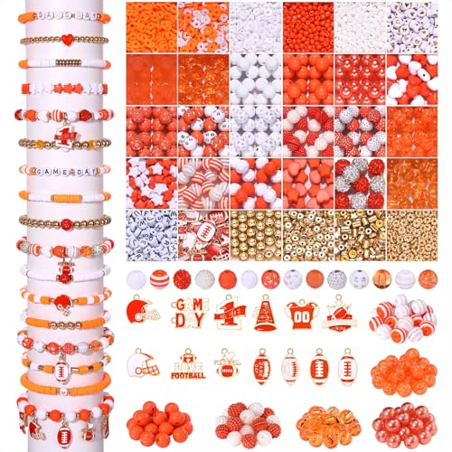 2200PCS+ Game Day Beads Charms for Bracelet Making Polymer Clay Beads Crystal Pearl Letter Gold Spacer Beads Football Charms for Game Day Bracelet Necklace Making DIY Crafts - color: Orange White