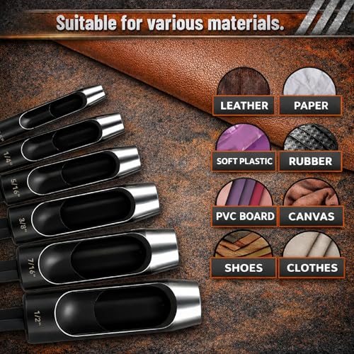 UNCO- Leather Hole Punch Drill Bit Set, 6 pcs, 3/16" 1/4" 5/16" 3/8" 7/16" 1/2", Carbon Steel, Hex Shank Leather Punch Tool Bits for Power Drill, Belt, Strap, Fabric & DIY Craft Work