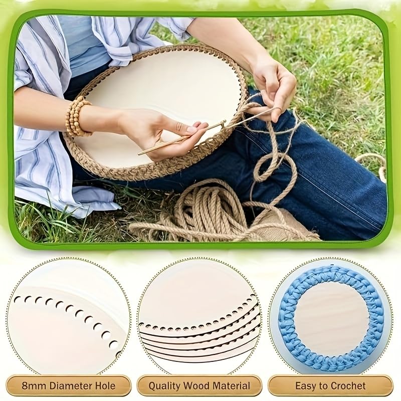 XINONE 6 Pack Round Crochet Basket Bottoms, 7.87 Inch Wooden Base for Crochet Bags and Baskets, Pre Drilled DIY Basket Base with 8mm Holes for Knitting, Weaving and Craft Projects