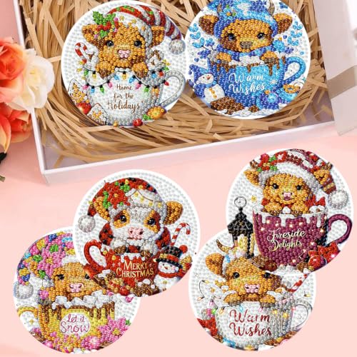 Christmas Cow Diamond Art Coasters Kit, 8 Pieces Diamond Painting Coasters - color: Christmas Cow