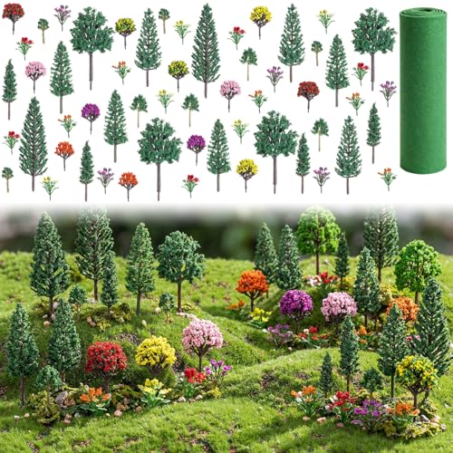 Soulchen 58 Pcs Mixed Model Trees 0.98-5.12 Inch Mini Tree Diorama Supplies - style: Dark Green