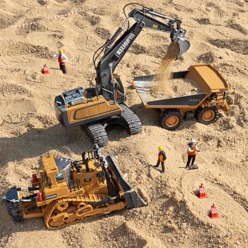 KIZJORYA Remote Control Excavator, Toys for Boys Age 6-12, Rechargeable 11 CH RC Construction Vehicles Truck with Sound Light Metal Shovel, Birthday for Kids 7 8 9 10+ Year Old(2.4 GHz) - style: real remote control Excavator
