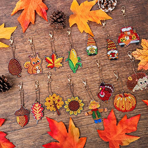 Whaline 15Pcs Fall Diamond Painting Keychain Kit Autumn Gnome Animal Plants DIY Diamond Art Ornaments Rhinestone Mosaic Making Full Drill Diamond Keychain for Kids Crafts Gifts Party Supplies