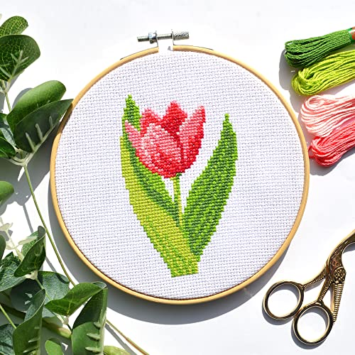 Povitrulya Pink Tulip - Counted Cross Stitch kit for Hand Embroidery - DIY Easy Flower Set for Adult Ors - color: Pink tulip
