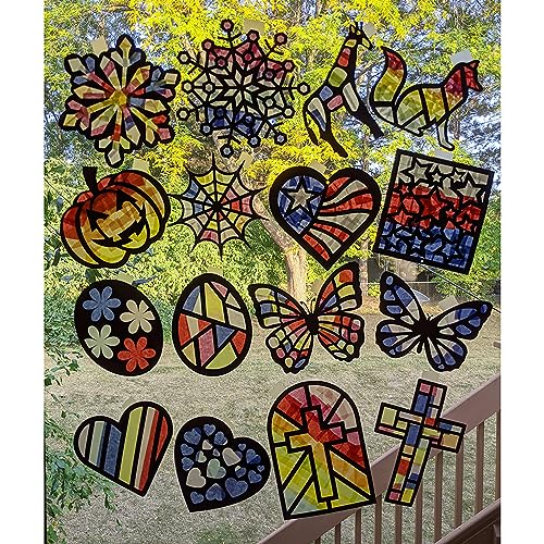 VHALE Suncatchers Craft 3 Sets (9 Cutouts) w Tissue Papers Stained Glass Effect Paper Sun Catcher Kit, Window Art, Classroom Crafts, Creative Art Projects, Kids Party Favors (Valentine Heart) - style: Valentine Heart