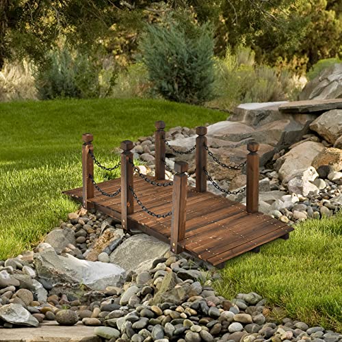 Tangkula 5 FT Wooden Garden Bridge, Arc Footbridge w/Safe Chain Railings, Outside Small Arc Pond Bridge, Decorative Fir Bridge for Landscaping Garden, Pond, Stream, Courtyard, Holds up to 400 LBS