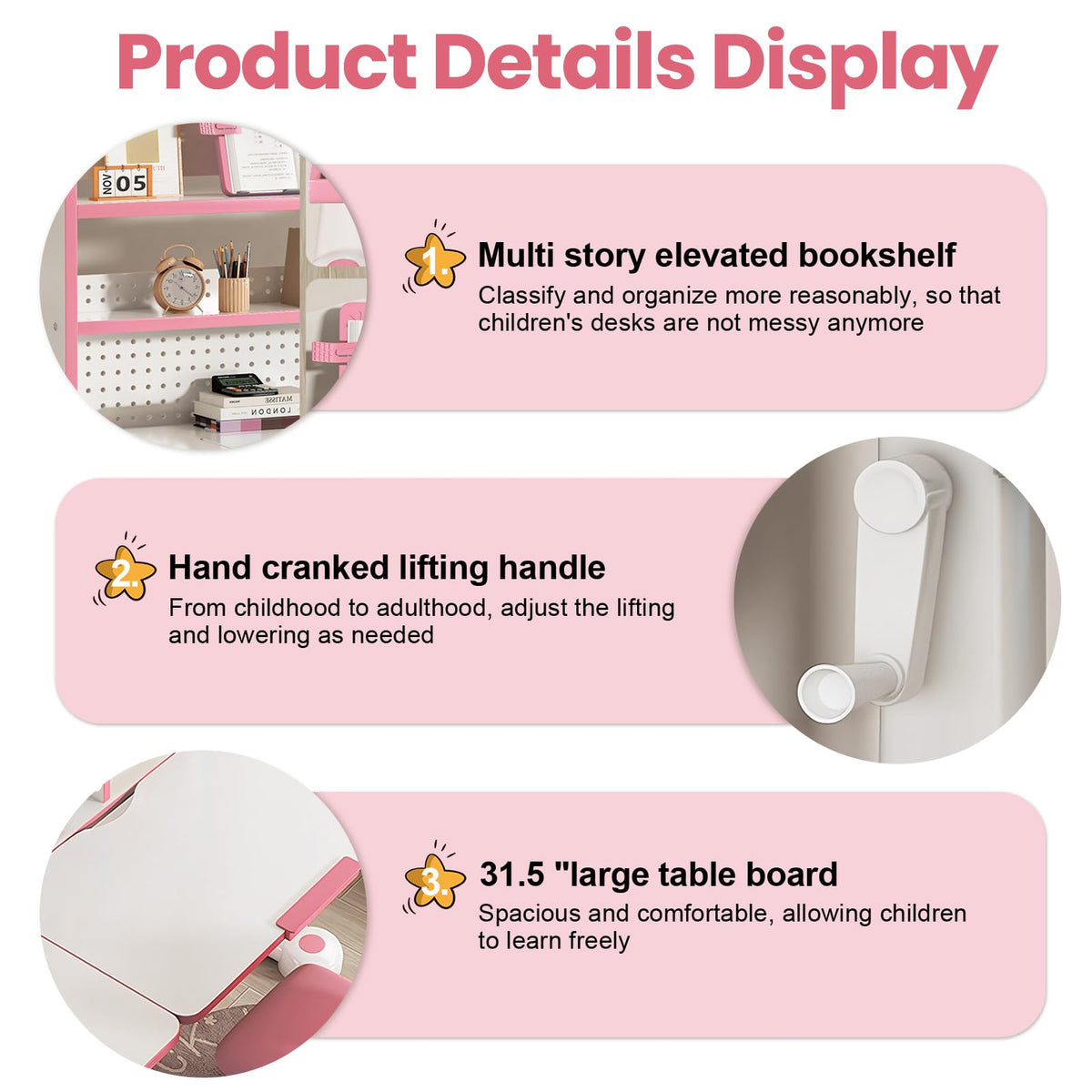 Kids Desk and Chair Set - Height Adjustable Crank Study Desk (Pink) - color: 013-pink