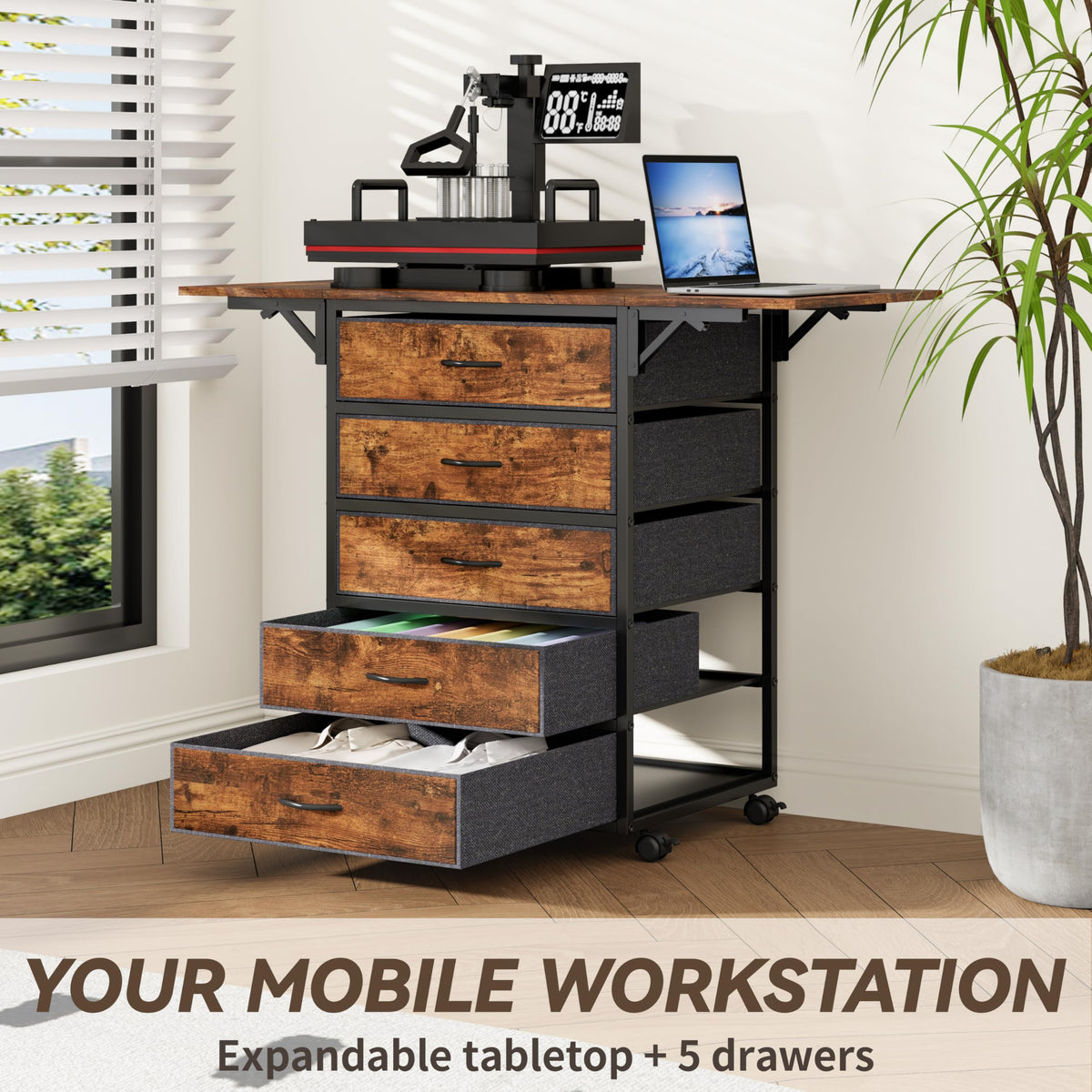 Heat Press Table with 5 Drawers, Folding Worktop and Locking Wheels - color: Brown-5D