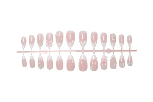 Almond Press on Nails Medium White Fake NailPink Bows and Clear Butterfly Acrylic Nail Press ons Stick on Nails for Women 24pcs - color: Color12