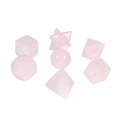 Justinstones 7-Piece Rose Quartz Natural Crystal Geometry Collection Healing Crystals Kit Sacred Geometry Platonic Solids Geometric Set Tumbled Stones Specimen Collection - style: Rose Quartz