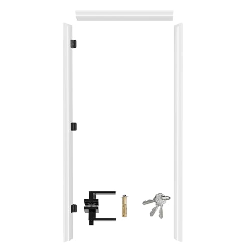 Door Jamb Frame Kit with Pre-Installed Hinges & Door Seal Strips & Handle, Primed Composite Door Frame Kit, Pine Wood, Left Handed, 81.65 in. x 4.57in. x 1.18 in - color: Black Hardware-Left Handed
