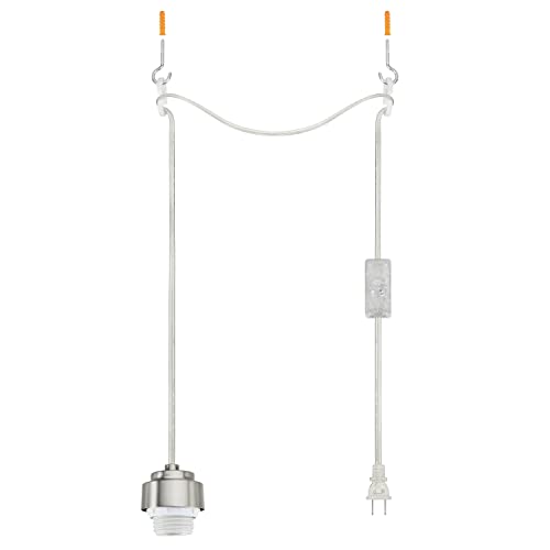 Aspen Creative 21066-09, Industrial Hanging Swag Light Kit, 16' SPT-2 Silver Cord w/On Off Switch, Ceramic E26 Socket w/Satin Nickel Metal Cap