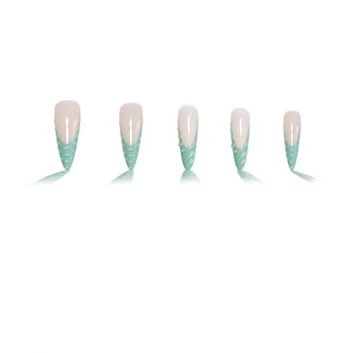 Stiletto Press on Nails Long Green French Tip Fake Nails Glossy Full Cover False Nails with Designs Extra Long Nail Press ons Sparkly Artificial Acrylic Nails Cute Stick on Nail for Women 24Pcs - color: Style22