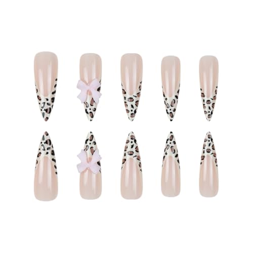 Stiletto Press on Nails Long Brown Fake NailLeopard Acrylic with Pink Bow Design Stick on Nails for Women 24pcs - color: Color26