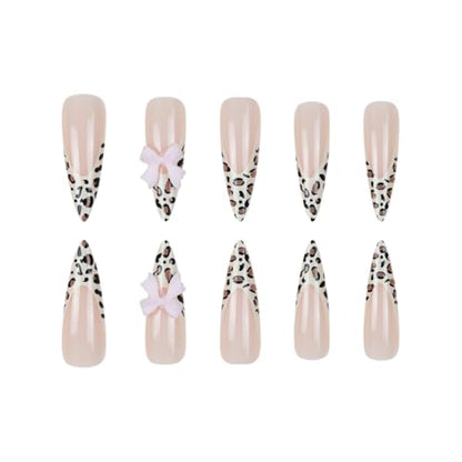 Stiletto Press on Nails Long Brown Fake NailLeopard Acrylic with Pink Bow Design Stick on Nails for Women 24pcs - color: Color26