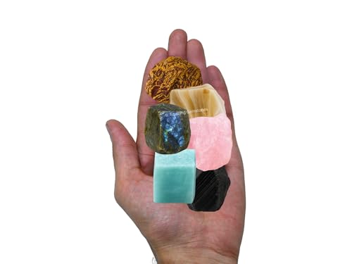 Amazing Gemstone Crystals for Mood Lifting Manifestation, Set of 6 Labradorite, Amazonite, Mariyam Jasper, Rose Quartz, Black Tourmaline and Lace Agate Healing Crystals and Stones - color: Mood Lifting