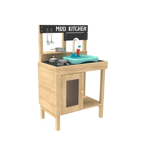 TP Toys Mud Play Kitchen For Kids - Indoor, Outdoor Toddler Toys Wooden Kitchen Playset w/ Accessories, Sink with Faucet, Durable, Weatherproof, Chalkboard, Wood Burner Stencils, Easy Assembly, Age 3+ - style: Wooden Mudd Kitchen