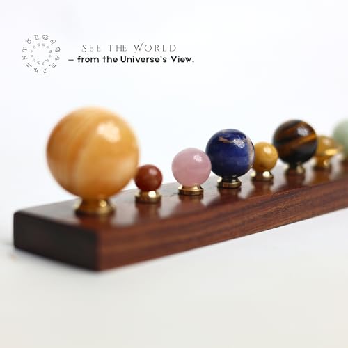 Luxury Handcrafted Solar System Model with Semi-Precious Stones – Sun, Earth & Moon Planet Display on Rosewood Base | Astronomy Art Desk Decor (Sun & 9 Planets)