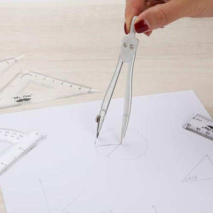 Mr. Pen- Geometry Set, 13 pcs, 3 Metal Compasses, Protractor, 6" Ruler | 45° & 30°/60° Set Squares, Pencils, Lead Refills, Sharpener & Eraser for Math, Drafting & Classroom Use - color: Grey