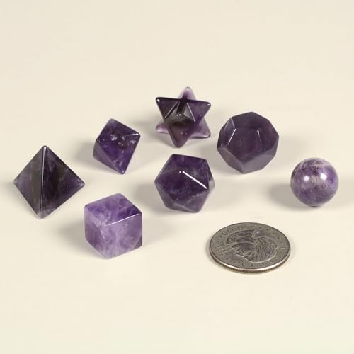 7-Piece Amethyst Natural Crystal Geometry Collection Healing Crystals Kit Sacred Geometry Platonic Solids Geometric Set Tumbled Stones Specimen Collection - style: Amethyst