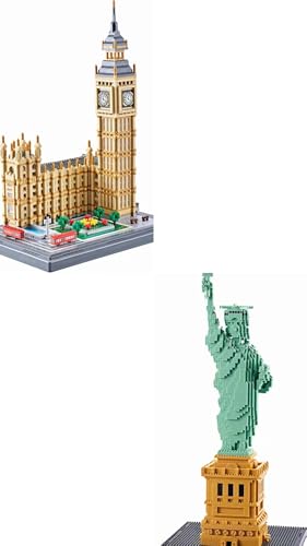 YaJie World Landmark Architecture Series: Big Ben & Statue of Liberty – 2-in-1 Micro Building Block Set for Adults & Teens, STEM Educational Model Kit, Home Office Decor Display (9,283 PCS)