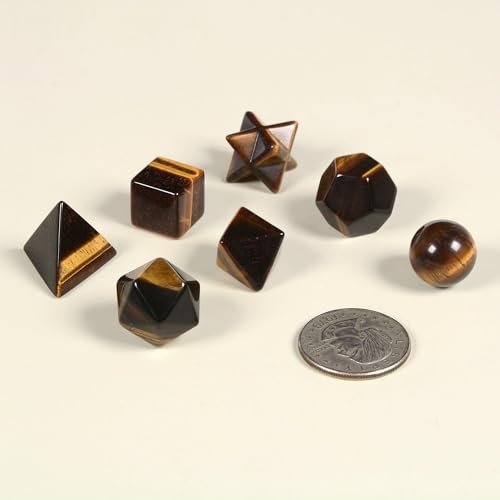 Justinstones 7-Piece Golden Tiger Eye Natural Crystal Geometry Collection Healing Crystals Kit Sacred Geometry Platonic Solids Geometric Set Tumbled Stones Specimen Collection - style: Golden Tiger Eye