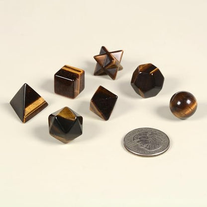 Justinstones 7-Piece Golden Tiger Eye Natural Crystal Geometry Collection Healing Crystals Kit Sacred Geometry Platonic Solids Geometric Set Tumbled Stones Specimen Collection - style: Golden Tiger Eye