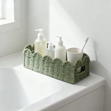 Sage Green Scalloped Basket, Toilet Tank Tray, Back of Toilet - color: Green