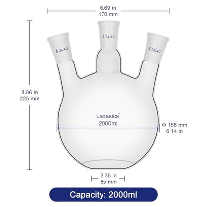 Labasics Borosilicate Glass 3 Neck Flat Bottom Boiling Flask with 24/40 Joints, for Lab Experiments, Distillation and Reflux Systems, 2000ml - size: 2000 ml