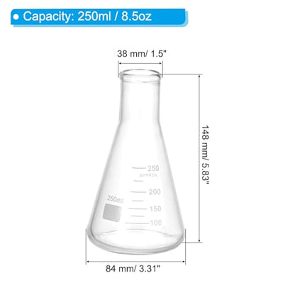 PATIKIL Erlenmeyer Flask, 250ml 8.5oz Narrow Mouth Graduated Flasks Borosilicate Glass with Printed Graduation for Lab Experiment Chemistry Science Study - size: 250ml/8.25oz