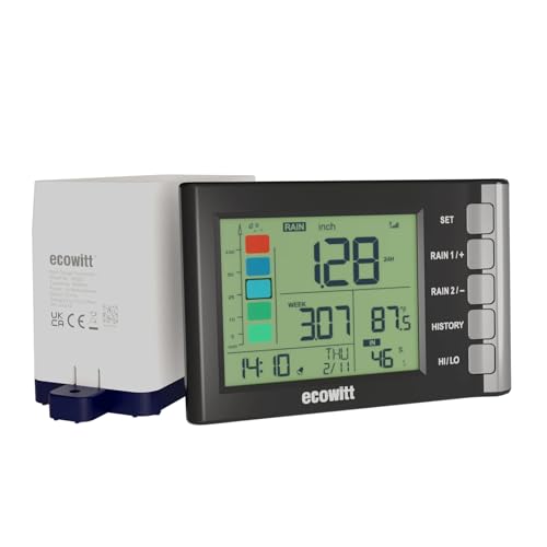 ECOWITT WH5370 Wireless Rain Gauge, Includes WN20 Tipping-Bucket Collector Sensor and WH5370_C Display Console, for Rainfall History, Alerts, Indoor Temperature & Humidity, and Date&Time, 915 MHz - style: WH5370BU