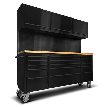 72-Inch Rolling Tool Chest with 15 Drawers + 3 Upper Cabinets, Mobile Workbench, Assembled Large Tool Box Lockable Storage Cabinet with Wheels for Garage Workshop, Matte Black - size: 72'' + 3 Upper Cabinets - Black