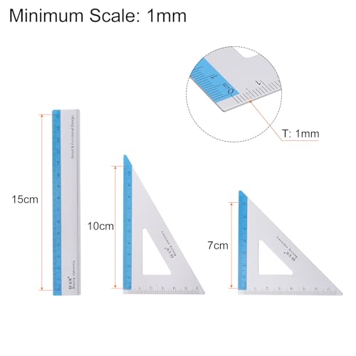 HARFINGTON 4pcs Geometry Set 15cm Metric Measure Ink Printing Aluminum Ruler Metal Ruler Set Triangle Protractor Ruler Tool Set for Classroom, Office, Home, Blue - color: Blue
