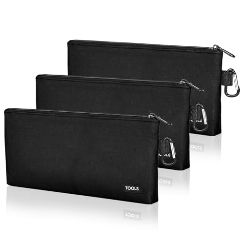 3 Pcs Zipper Tool Pouches, Flat Bottom Utility Bags with Carabiners - color: Black, size: 12 inch