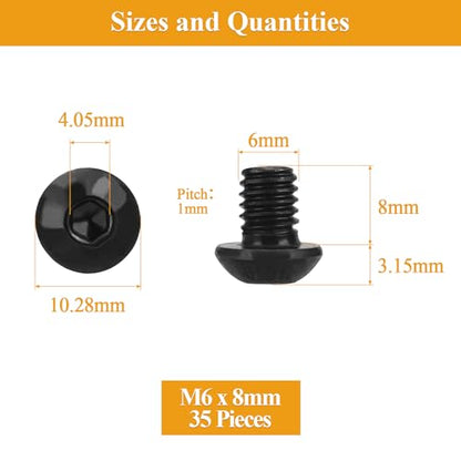 35 Pieces M6 x 8mm Button Head Socket Cap Screws, Thread Pitch 1.0mm, Sutemribor M6 Black Screws, 10.9 Grade Alloy Steel, Black Oxide Finish, Fully Threaded - size: M6 x 8mm, style: Button Head