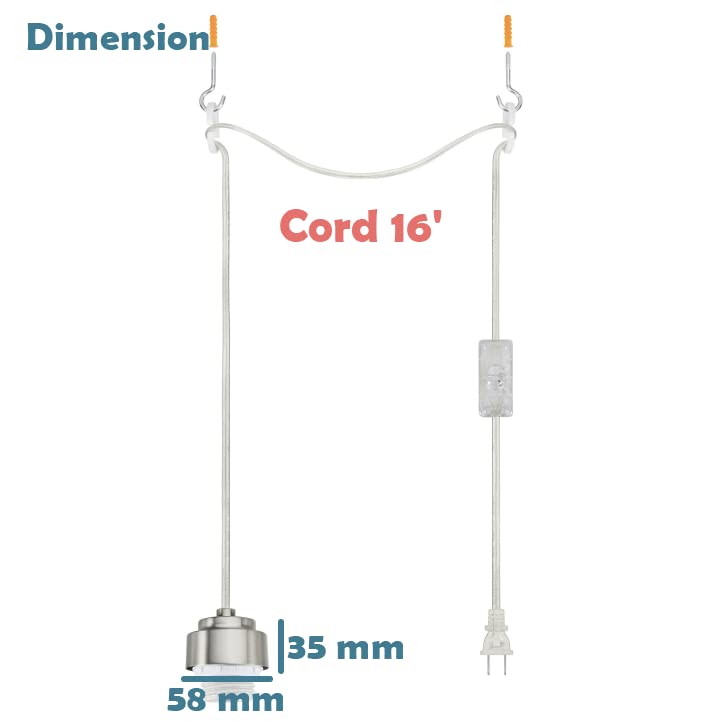 Aspen Creative 21066-09, Industrial Hanging Swag Light Kit, 16' SPT-2 Silver Cord w/On Off Switch, Ceramic E26 Socket w/Satin Nickel Metal Cap