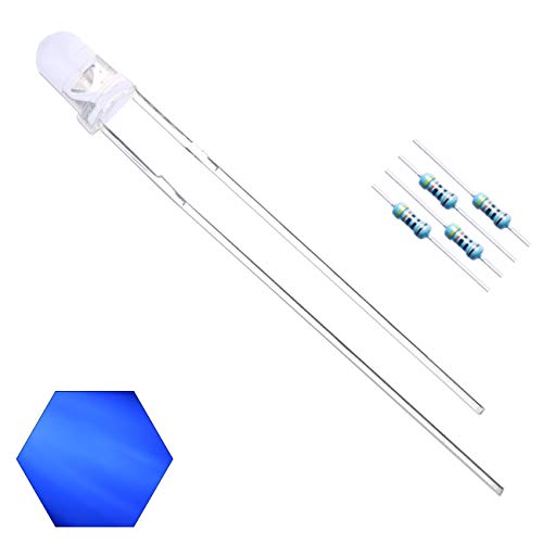 100pcs 3mm Blue Lights LED Diodes Clear Round Lens 29mm Long Lead (DC 3V) +100pcs Resistors (for DC 6-12V) Included, Bright Bulb Lamps Light Emitting Diode - color: [09] Blue / 100pcs, style: [A] 3mm Constant Light