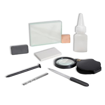 Mineral ID Kit - 9 Pieces - Includes Dropper Bottle, Streak Plate, Glass Plate, Magnet, Nail, Copper Sheet, Retractable Hand Lens, Nail File, Alloy Drill Bit for Geology Classrooms