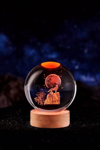 3D Wolf Crystal Ball Lamp with Remote Control, 3.15 inch Crystal Night Light with Wooden Base 16 Colors Change, Glass Figurine Lamp Gift for Girls Boys Wife Girlfriend Mom (Wolf) - color: Wolf