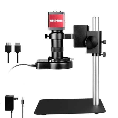 NICE-POWER Digital Microscope with Metal Base, 13MP 1080P HDMI VGA Industrial Microscope Magnifier, 130X Zoom C-Mount HD Lens, LED Ring Light, Soldering Electronic Repair Bench Microscopes - color: 130X-1080P (HDMI/VGA)-Red