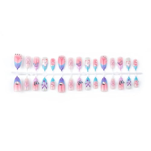 Purple Press on Nails Almond Short Gradient Press on False Nails 3D Flowers and Butterfly Sparkly Rhinestones Stick on Nail for Women 24pcs - color: Color43
