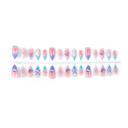 Purple Press on Nails Almond Short Gradient Press on False Nails 3D Flowers and Butterfly Sparkly Rhinestones Stick on Nail for Women 24pcs - color: Color43
