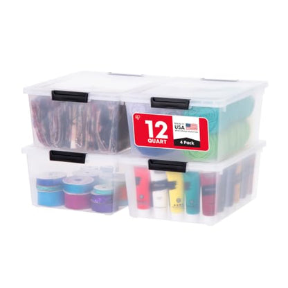IRIS USA 4-Pack 12 Qt Storage Bins with Lids, Plastic Box, Clear/Black - color: Clear/Black, size: 12 Qt. - 4 Pack